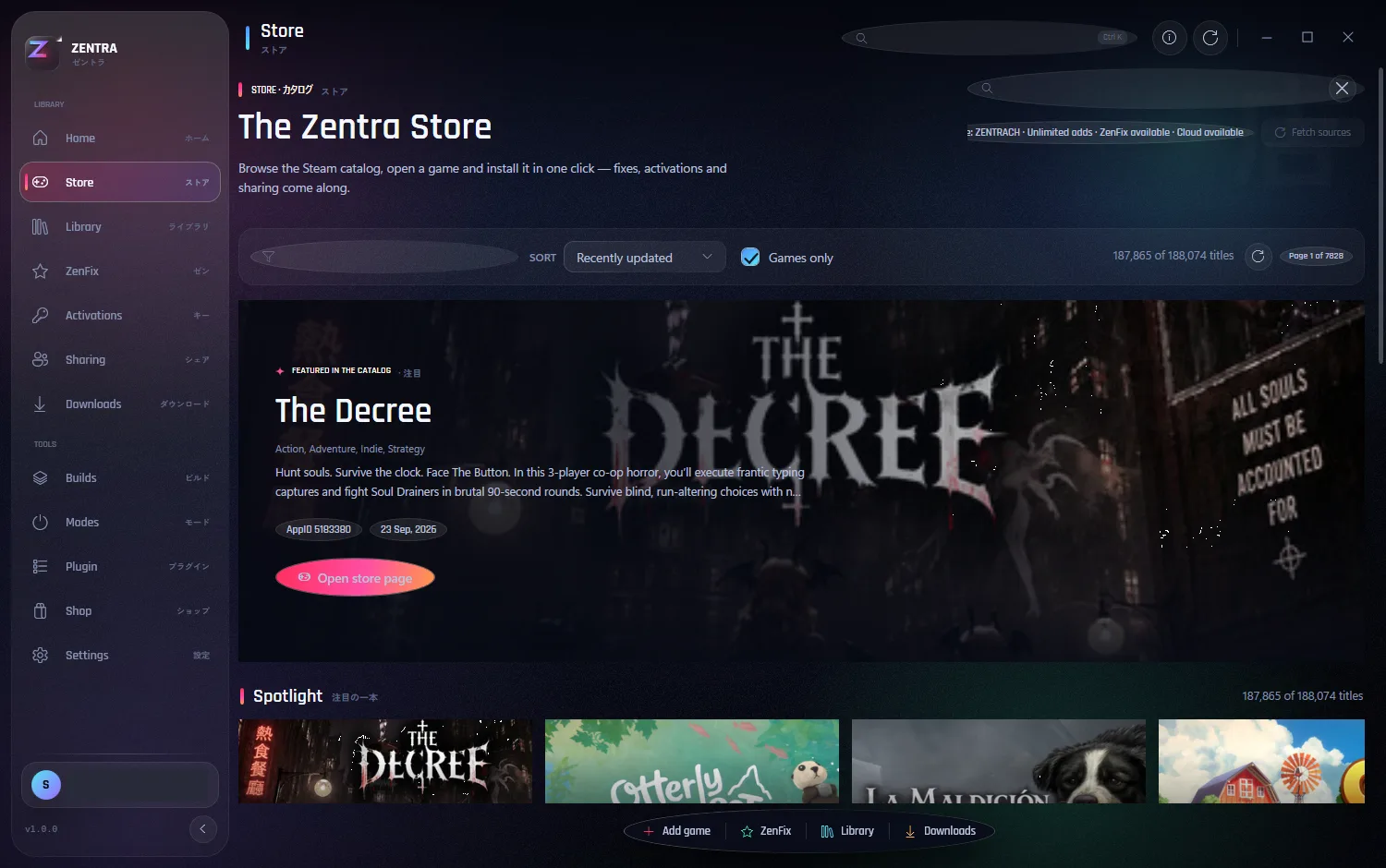 Screenshot Store dari build terbaru aplikasi Zentra